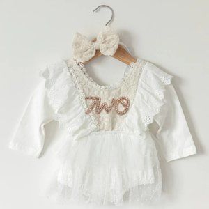 White Lace Long Sleeve Floral Easter Girl Outfit Clothes Dress Second Birthday